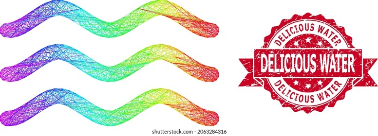 Spectrum-farbene Netzoberfläche und Delicious Water schmutzigen Band Stempel-Siegel. Rote Stempelversiegelung enthält Edelwasserkapseln in der Schleife.