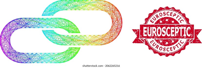 Spectrum colored network chain, and Eurosceptic corroded ribbon stamp seal. Red stamp seal contains Eurosceptic tag inside ribbon.Geometric hatched frame flat network based on chain icon,