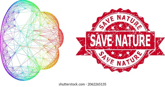Spectrum colored network cloud, and Save Nature rubber ribbon seal. Red stamp seal has Save Nature title inside ribbon.Geometric hatched carcass flat network based on cloud icon,