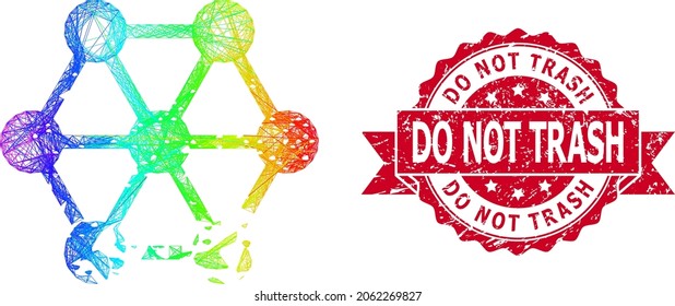 Spectrum colored network damaged blockchain, and Do Not Trash textured ribbon stamp seal. Red stamp seal includes Do Not Trash text inside ribbon.