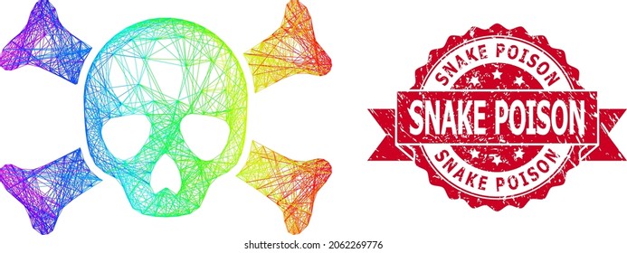 Spectrum colored network death skull, and Snake Poison scratched ribbon stamp seal. Red stamp seal includes Snake Poison caption inside ribbon.
