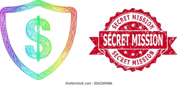 Spectrum colored network dollar protection, and Secret Mission textured ribbon stamp. Red stamp seal contains Secret Mission tag inside ribbon.