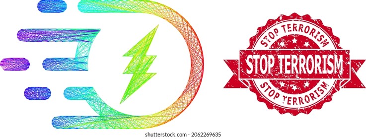 Spectrum colored network electric participle, and Stop Terrorism dirty ribbon stamp seal. Red stamp seal has Stop Terrorism tag inside ribbon.