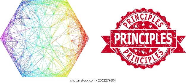 Spectrum colored network filled hexagon, and Principles dirty ribbon seal print. Red stamp seal includes Principles tag inside ribbon.Geometric linear carcass 2D network based on filled hexagon icon,
