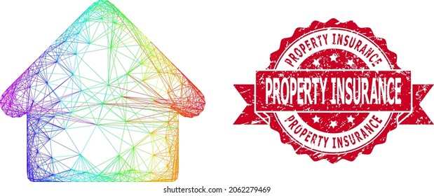 Spectrum colored network house, and Property Insurance dirty ribbon stamp seal. Red stamp seal includes Property Insurance tag inside ribbon.Geometric linear frame flat network based on house icon,