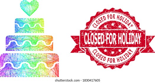 Spectrum colored network marriage cake, and Closed for Holiday rubber ribbon stamp seal. Red stamp seal has Closed for Holiday tag inside ribbon.