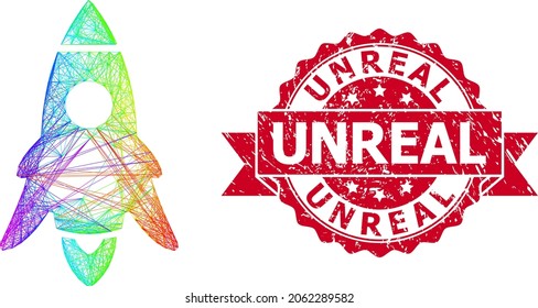 Inicio del cohete de red de color espectro y sello de cinta texturada irreal. El sello rojo tiene un título irreal dentro de la cinta.Red plana de armazón geométrico basada en el icono de inicio del cohete,