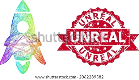 Spectrum colored network rocket start, and Unreal textured ribbon seal. Red seal has Unreal title inside ribbon.Geometric wire frame flat network based on rocket start icon,