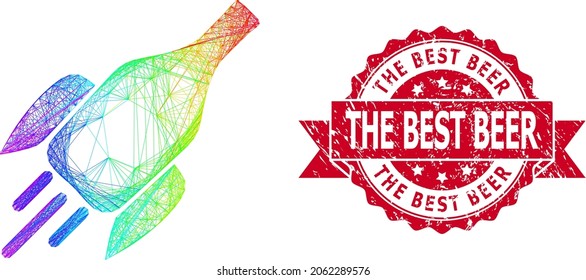 Spectrum-farbene Netzwerk-Raketenweinflasche und The Best Ber korrodierte Bandmarke. Rote Stempelrobbe enthält den besten Biertext in der Schleife.