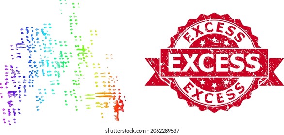 Spectrum colored network sand swarm, and Excess corroded ribbon stamp seal. Red seal includes Excess text inside ribbon.Geometric hatched frame 2D net based on sand swarm icon,