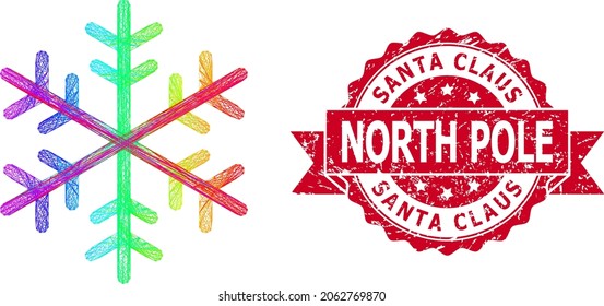 Spectrum colored network snowflake, and Santa Claus North Pole grunge ribbon stamp seal. Red stamp seal contains Santa Claus North Pole text inside ribbon.