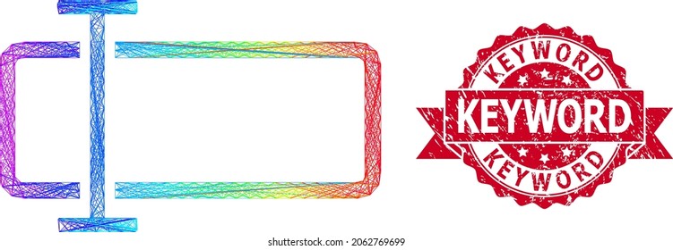 Campo de texto de red de color de espectro y sello de marca de cinta texturada de palabra clave. El sello rojo tiene el título de palabra clave dentro de la cinta de opciones.Red de canal con trama geométrica 2D basada en el icono de campo de texto,