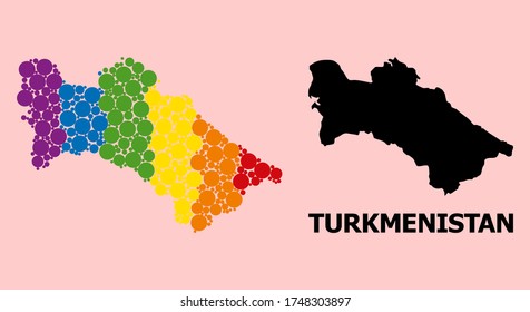 Spectrum colored pattern vector map of Turkmenistan for LGBT, and black version. Geographic concept map of Turkmenistan is combined with random round spheric dots.