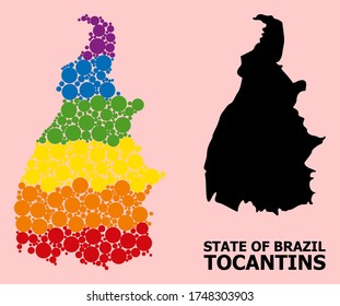 Spectrum colored pattern vector map of Tocantins State for LGBT, and black version. Geographic concept map of Tocantins State is designed with scattered round spheric elements.