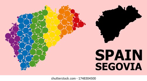Spectrum colored pattern vector map of Segovia Province for LGBT, and black version. Geographic concept map of Segovia Province is combined from scattered circle elements.