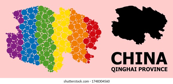 Spectrum colored pattern vector map of Qinghai Province for LGBT, and black version. Geographic concept map of Qinghai Province is designed with scattered round spheric spots.