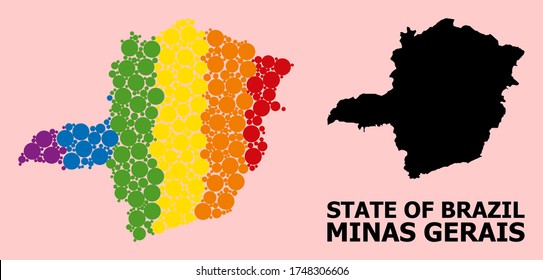 Spectrum colored pattern vector map of Minas Gerais State for LGBT, and black version. Geographic concept map of Minas Gerais State is designed from random circle dots.