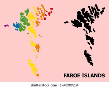 Spectrum colored pattern vector map of Faroe Islands for LGBT, and black version. Geographic concept map of Faroe Islands is composed with randomized circle dots.