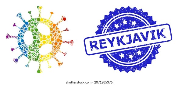Spectrum colored vector 2019-ncov virus mosaic for LGBT, and Reykjavik rubber rosette stamp. Blue stamp seal includes Reykjavik text inside rosette.