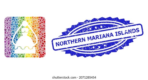 Spectrum colored vector bride collage for LGBT, and Northern Mariana Islands dirty rosette stamp seal. Blue stamp seal contains Northern Mariana Islands caption inside rosette.