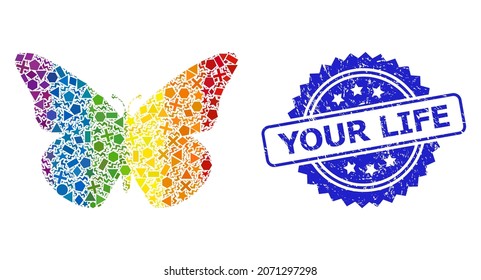Collage de mariposa de vector de color espectro para LGBT, y sello de rosette corroído por Your Life. El sello azul tiene la leyenda Tu vida dentro de la roseta.