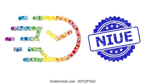 Mosaico de reloj vectorial de color espectro para LGBT, y sello de marca de rosette impuro Niue. El sello azul tiene el título Niue dentro de la roseta. Los elementos aleatorios geométricos se organizan en un icono de reloj de mosaico abstracto.