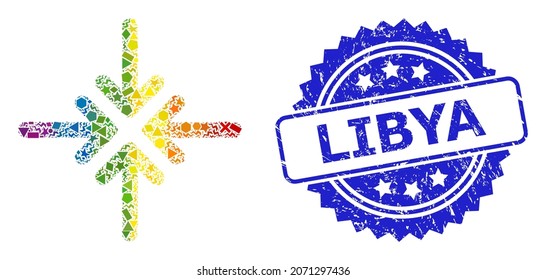 Spectrum colored vector collapse arrows mosaic for LGBT, and Libya dirty rosette seal imitation. Blue seal has Libya title inside rosette.