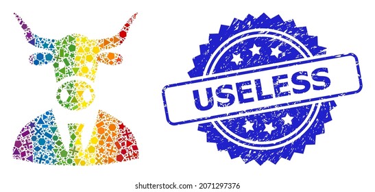 Spectrum colored vector cow boss collage for LGBT, and Useless unclean rosette seal. Blue seal includes Useless title inside rosette.
