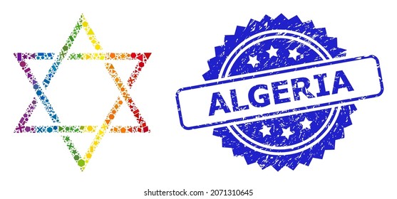 Spectrum colored vector david star mosaic for LGBT, and Algeria textured rosette seal. Blue stamp seal includes Algeria title inside rosette.