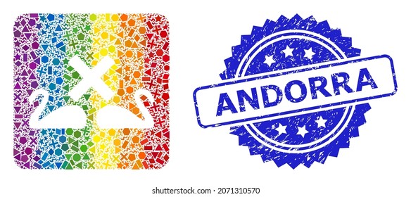 Spectrum colored vector divorce swans collage for LGBT, and Andorra dirty rosette stamp. Blue stamp seal has Andorra caption inside rosette.