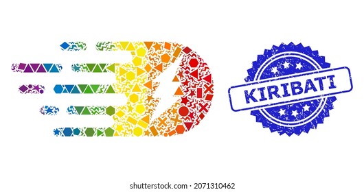 Collage de ataque eléctrico vector de color espectral para LGBT, y la impresión de sello de rosette corroída por Kiribati. El sello azul incluye la leyenda de Kiribati dentro de la roseta.