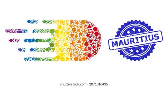 Spectrum colored vector electron flight collage for LGBT, and Mauritius unclean rosette stamp seal. Blue seal includes Mauritius title inside rosette.