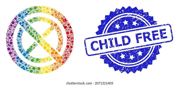 Spectrum colored vector forbidden ban collage for LGBT, and Child Free unclean rosette stamp. Blue stamp includes Child Free title inside rosette.