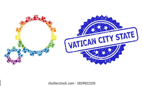 Spectrum colored vector gear transmission mosaic for LGBT, and Vatican City State grunge rosette seal. Blue seal has Vatican City State tag inside rosette.