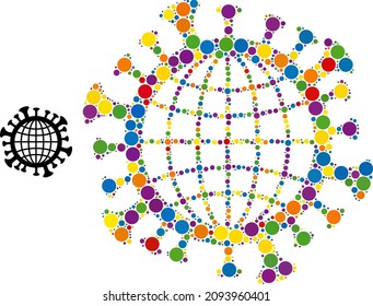 Mosaico de puntos aleatorios del vector del espectro del coronavirus global para LGBT, y un icono de fuente. Los puntos redondos aleatorios se agrupan en la ilustración abstracta del icono del coronavirus global.