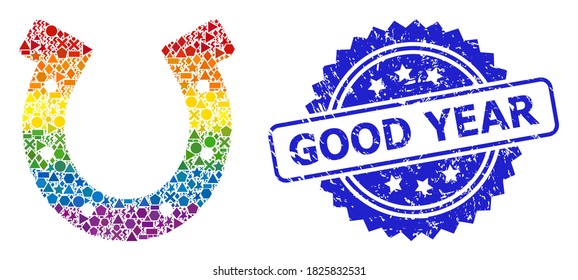 Spectrum colored vector horseshoe collage for LGBT, and Good Year scratched rosette seal. Blue seal includes Good Year caption inside rosette.
