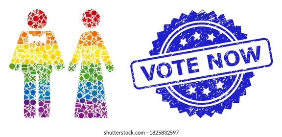 Spectrum colored vector just married persons mosaic for LGBT, and Vote Now grunge rosette stamp seal. Blue stamp seal contains Vote Now tag inside rosette.