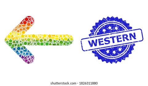 Spectrum colored vector left arrow collage for LGBT, and Western unclean rosette seal. Blue stamp seal contains Western text inside rosette.