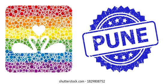 El espectro de color vectorial ama el mosaico de los cisnes para LGBT, y la imitación del sello de rosette grunge de Pune. El sello azul incluye la leyenda Pune dentro de la roseta.