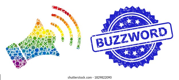 Spectrum colored vector megaphone mosaic for LGBT, and Buzzword grunge rosette stamp. Blue stamp has Buzzword tag inside rosette.