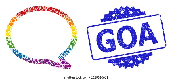 Spectrum colored vector message cloud collage for LGBT, and Goa scratched rosette stamp seal. Blue stamp seal has Goa text inside rosette.