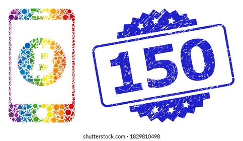 Spectrum colored vector mobile bitcoin bank mosaic for LGBT, and 150 grunge rosette stamp. Blue stamp seal includes 150 title inside rosette.
