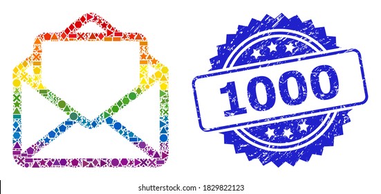 Spectrum colored vector open letter mosaic for LGBT, and 1000 grunge rosette stamp seal. Blue stamp seal includes 1000 text inside rosette.