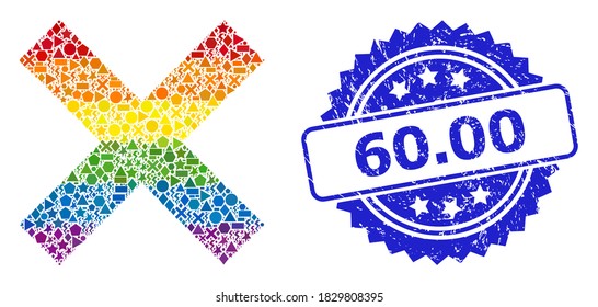 El vector de color espectro rechaza el mosaico cruzado para LGBT, y el sello de marca de rosette no limpio de 60.00. El sello azul incluye 60.00 etiquetas dentro de rosette.
