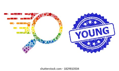 Spectrum colored vector search tool mosaic for LGBT, and Young scratched rosette stamp seal. Blue stamp seal has Young tag inside rosette.