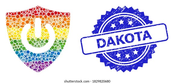 Spectrum colored vector shield turn off mosaic for LGBT, and Dakota corroded rosette seal. Blue seal includes Dakota caption inside rosette.