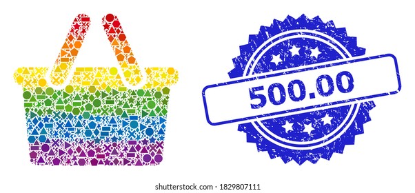 Mosaico de bolsos de compras vectoriales de color espectro para LGBT, y sello de sello de rosette corroido 500.00. El sello azul contiene 500,00 subtítulos en rosette.
