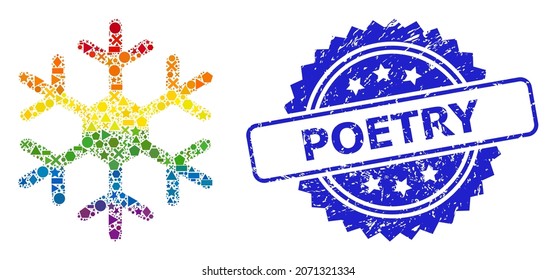 Spectrum colored vector snowflake mosaic for LGBT, and Poetry dirty rosette stamp seal. Blue stamp seal contains Poetry tag inside rosette.