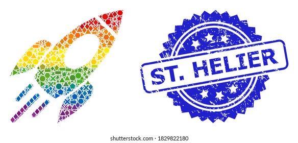Spectrum colored vector space rocket mosaic for LGBT, and St. Helier grunge rosette stamp. Blue stamp has St. Helier tag inside rosette.