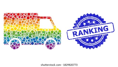Spectrum colored vector van car mosaic for LGBT, and Ranking grunge rosette stamp. Blue stamp includes Ranking tag inside rosette.